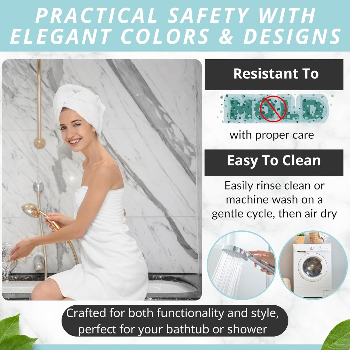 ENKOSI Bath Mat – Large 40 x 16 Inch Non-Slip Bathtub Mat with Secure Suction Cups & Drain Holes – Extra Long Bathroom Shower Mat for Tub with Marble Gold Design (40x16 Marble Gold)