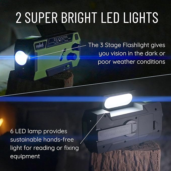 Hand Crank Weather Emergency Radio: Dynamo, Solar, USB and Battery Powered - Upgraded 14800mWh Battery, Flashlight, NOAA Storm Alert, SOS Alarm, 3 External Charger Cables - Cell Phone Emergency Power