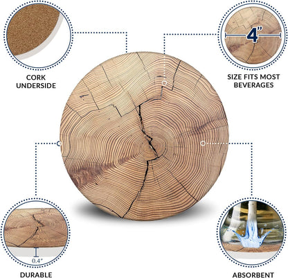 Emerson Coasters for Drinks Absorbent – Natural Stone Drink Coasters Set with Holder, Coasters for Coffee Table, Wooden Tabletop Protection Marble Style – 100% Heavy Duty Set of 6 (Wood)