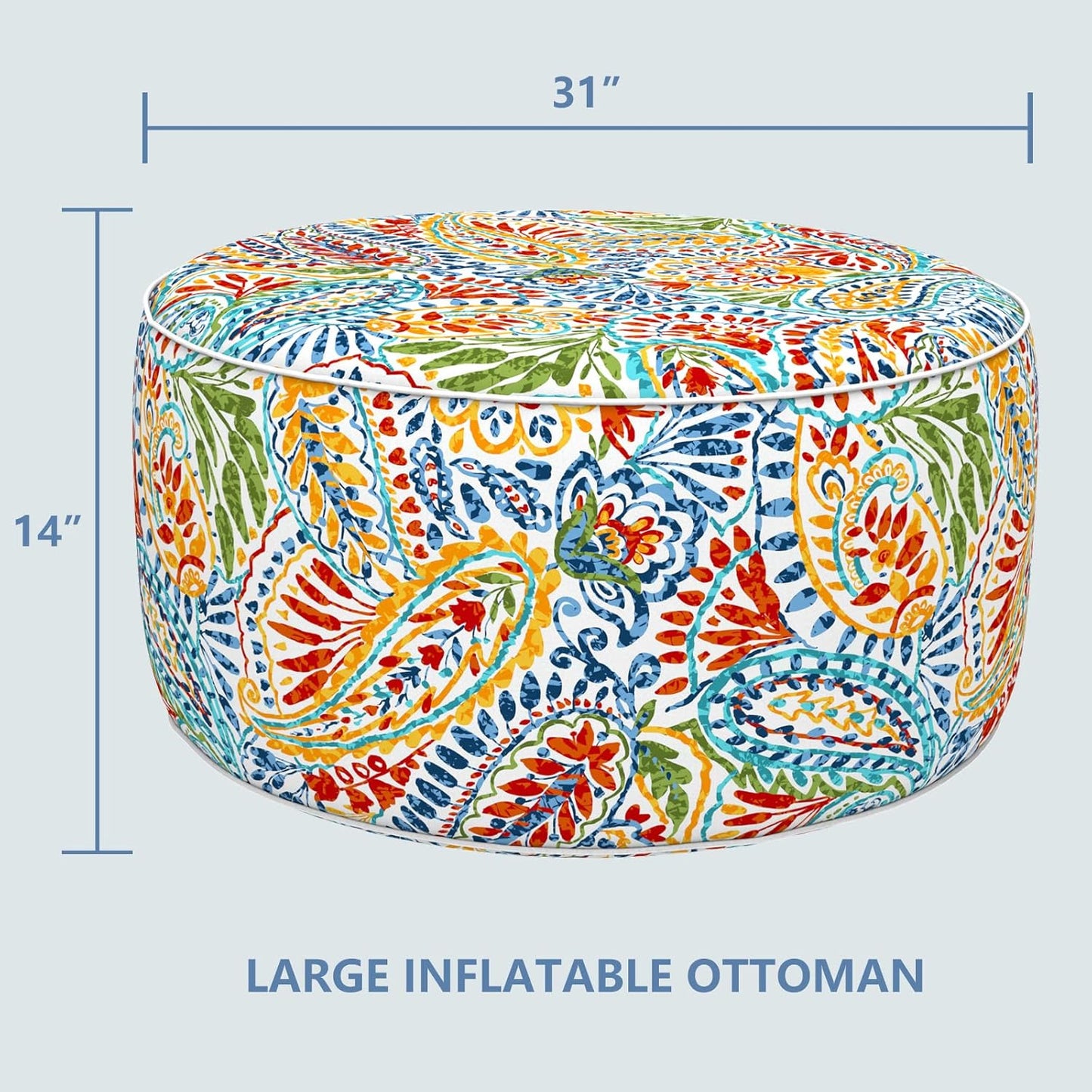 LVTXIII Indoor/Outdoor Inflatable Ottoman, D31 x H14 Inch Large Round Ottoman, All Weather Foot Rest Stool, Portable Footrest for Patio, Garden, Camping and Home - Paisley Multi