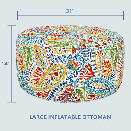 LVTXIII Indoor/Outdoor Inflatable Ottoman, D31 x H14 Inch Large Round Ottoman, All Weather Foot Rest Stool, Portable Footrest for Patio, Garden, Camping and Home - Paisley Multi