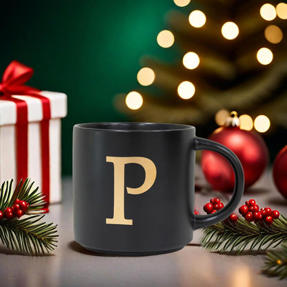 COLLECTIVE HOME - Monogram Ceramic Mugs, 15 oz Golden Initial Black Coffee Cups, Elegant Alphabet Tea Mugs, Elegant Personalized Mug with Gift Box, Unique Mug with Double Side Capital Lette (P)