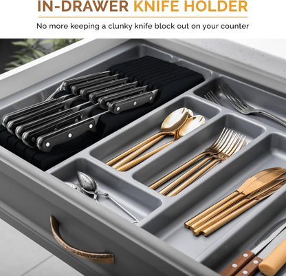 In-Drawer Knife Block - Bamboo Knife Drawer Organizer for Kitchen - Fits 5 Long + 6 Short Knives | Store Knives with Blades Pointing Down - Wooden Steak knife Holder without Knives (Black)