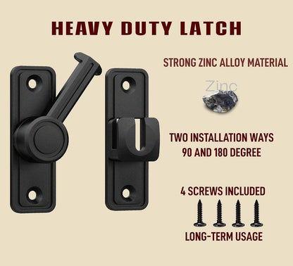 Barn Door Privacy Latch, 90°/180° Swing Slide Lock, Zinc-Alloy, Adhesive or Screw Mount, Interior Use for Bathroom/Bedroom/Closet/Shed, Includes Screws & Glue - Black