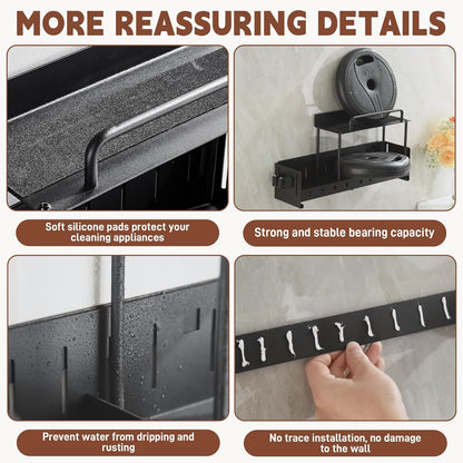 Wall-Mounted Cleaning Tool Organizer, 16.14x4.33x3.74 inches, Black Storage Rack with Drip Tray, Mop Holder with 5 Hooks