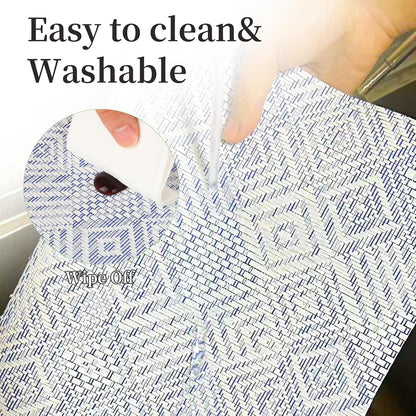 Vinyl Plastic Placemats Set of 6 Washable Heat Resistant Non-Slip Elegant Indoor Outdoor Kitchen Dining PVC Woven Table Place Mats (Blue Squares)