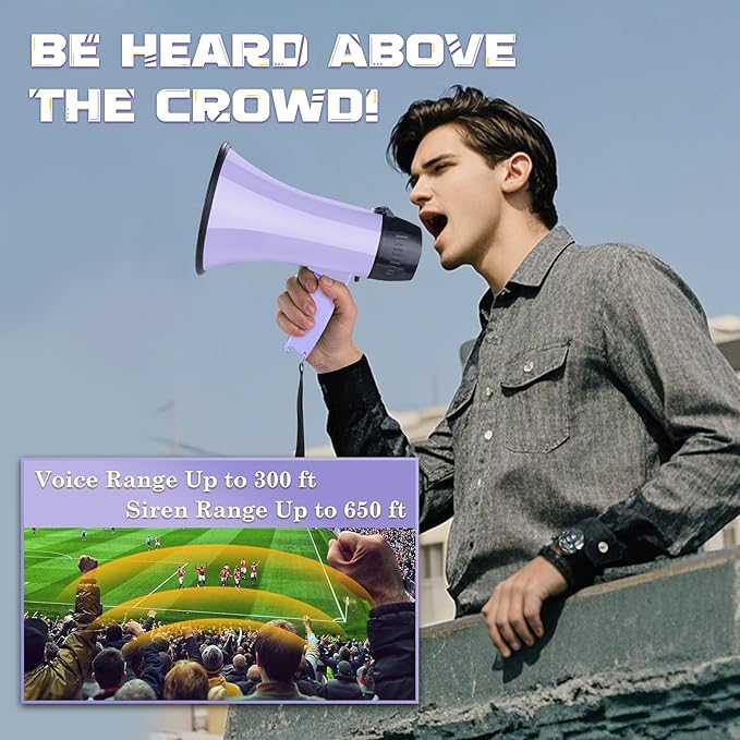 MyMealivos Portable Megaphone Bullhorn 20 Watt Power Megaphone Speaker Voice and Siren/Alarm Modes with Volume Control and Strap (Purple)