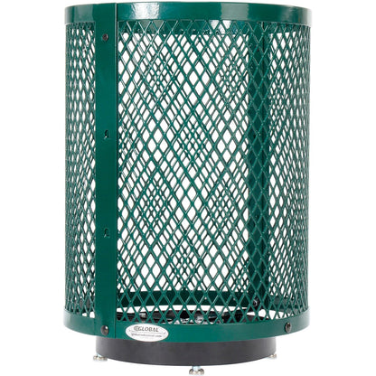 Global Industrial Outdoor Diamond Steel Trash Can with Rain Bonnet Lid, Raised Base and Plastic Liner, 36 Gallon Capacity, Green, Thermoplastic Coating, 23-1/2" Diameter, 43-1/2"H