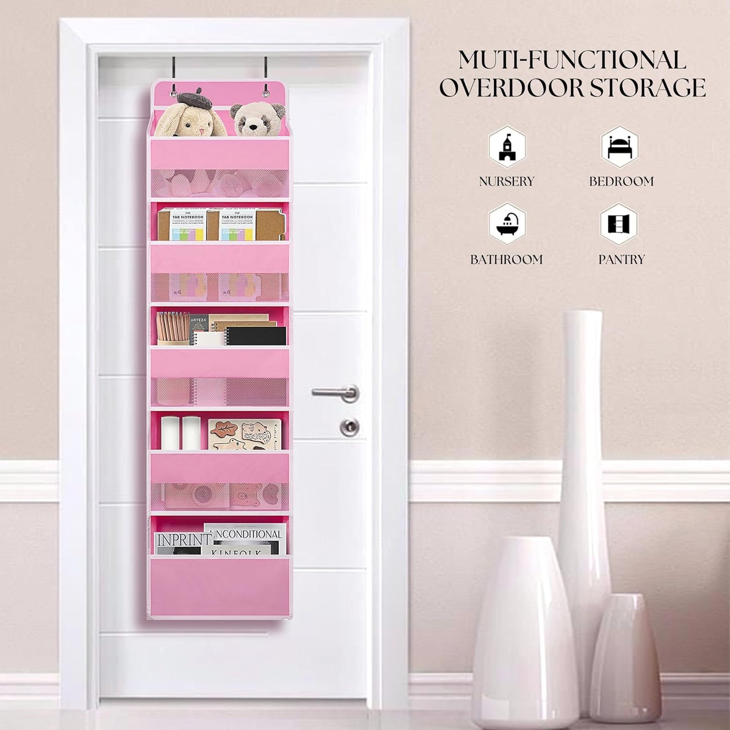 Over Door Organizer with 5 Large Pockets, Heavy Duty Hanging Organizer Storage, Closet Bathroom Nursery Bedroom Dorm, Toys Cosmetics Sundries and Baby Essentials, Pink