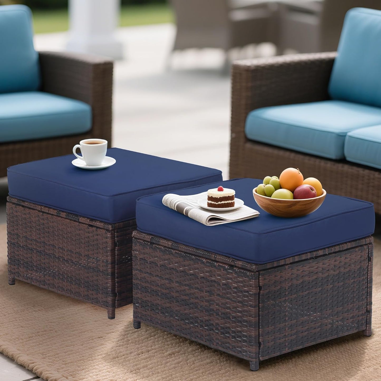Outdoor Ottoman Rattan Footstool - Patio Ottomans with Removable Cushion, All-Weather PE Wicker & Steel Frame for Poolside, Garden Outdoor Furniture,23.6 x 21.7 x 17.8 inches, Brown