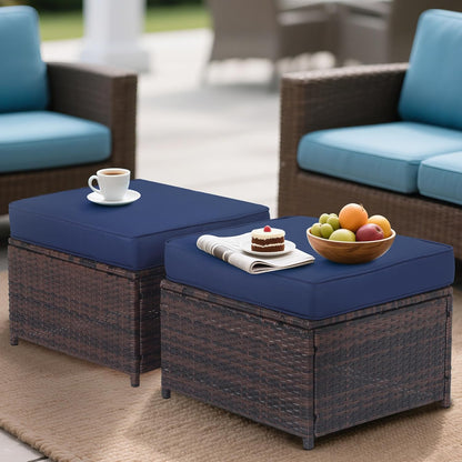 Outdoor Ottoman Rattan Footstool - Patio Ottomans with Removable Cushion, All-Weather PE Wicker & Steel Frame for Poolside, Garden Outdoor Furniture,23.6 x 21.7 x 17.8 inches, Brown