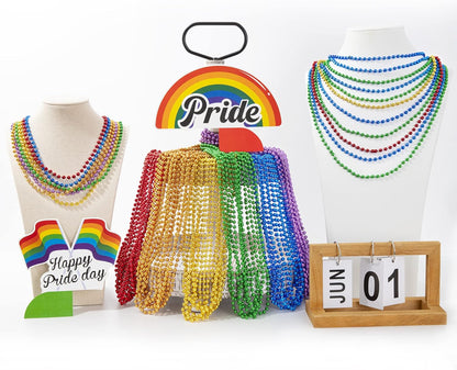 50PCS Pride Stuff, Gay Pride Beads Accessories, 6 Kinds of Metallic Rainbow Beads Necklace Bulk, LGBTQ Pride Necklace for Women Men, Costumes Decor for Pride Month Parade Throws Party Favors