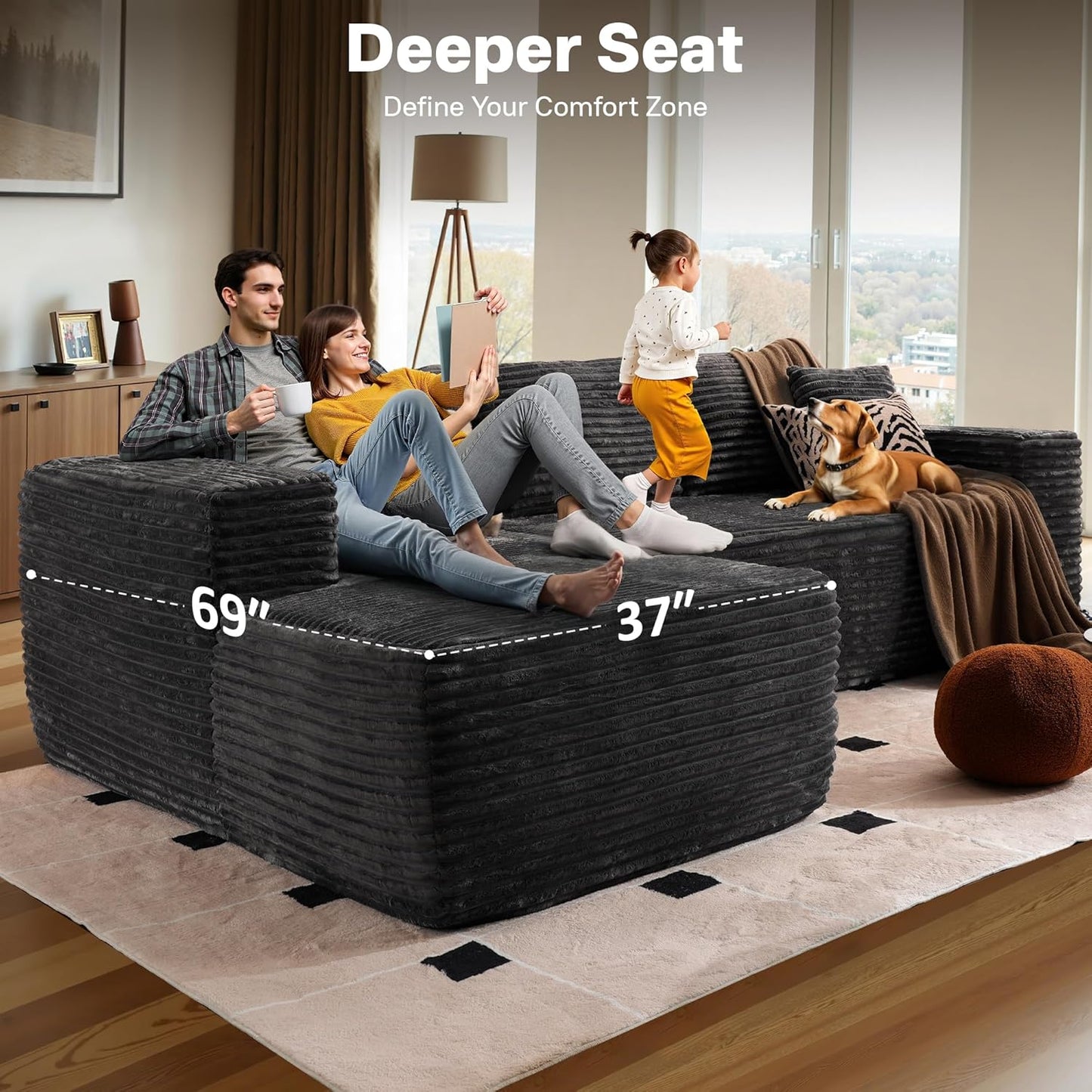 104" Cloudy Sectional L Shaped Couch for Living Room, No Assembly Required, Modular Comfy Sofa with Deep Seat, Fluffy Couch with Sleeper Chaise for Apartment Lounge (Grey)