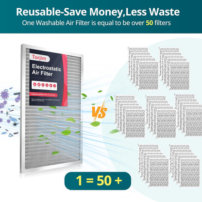 Torjim 14x14x1 MERV8 Washable & Reusable Electrostatic Air Filter - AC/HVAC Furnace Filter, Permanent, Easy Install