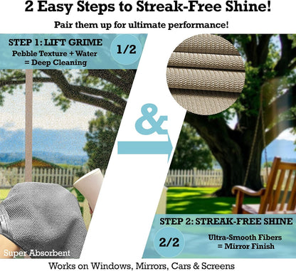 2-Step Glass Cleaning Cloth 3-Pack - Lint-Free Microfiber Towels Polish & Scrub Kit - Water Only Streak-Free for Windows, Cars, Mirrors - Blue, Brown, Gray
