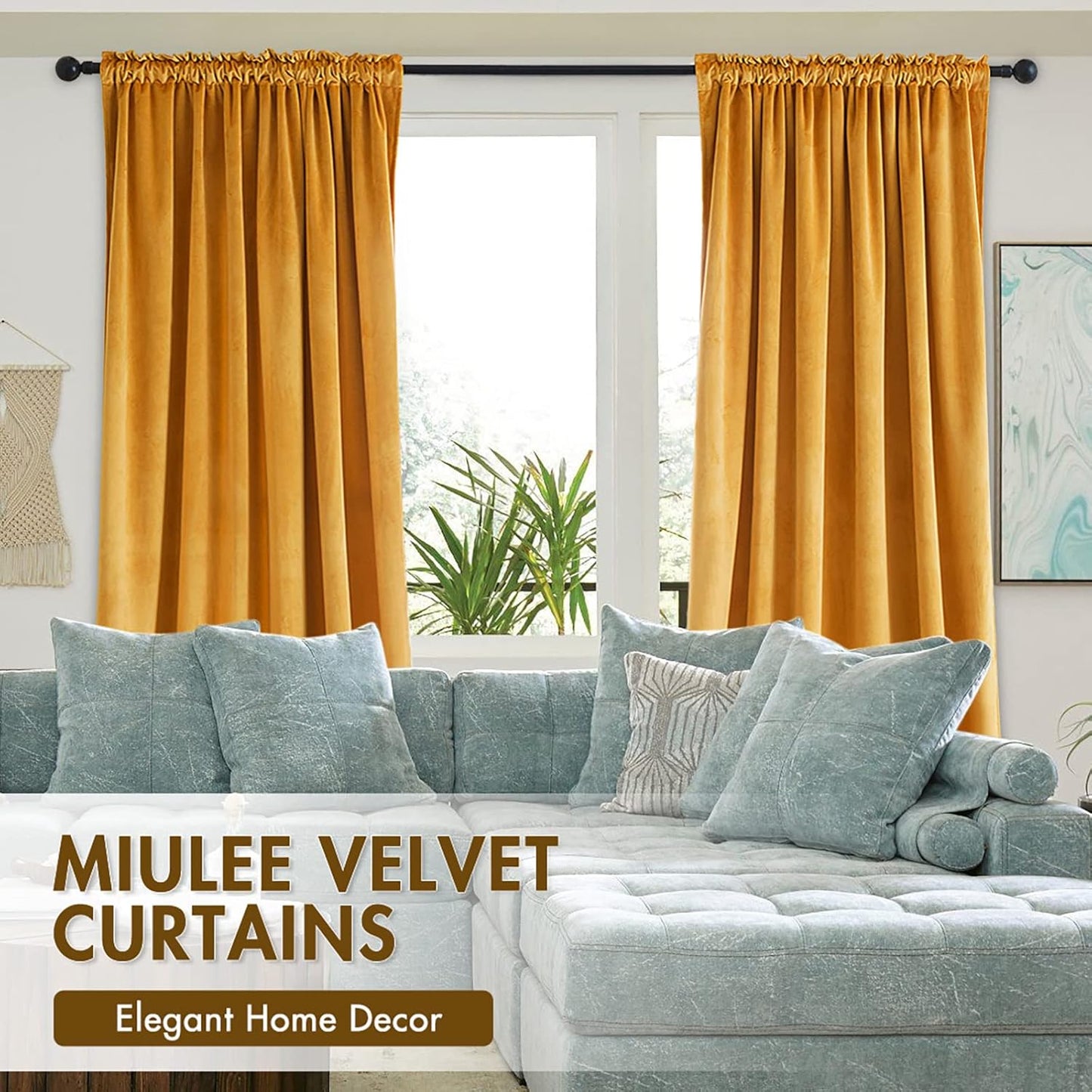 MIULEE Mustard Yellow Velvet Curtains Thermal Insulated Blackout Curtain Fall Drapes for Bedroom Living Room Darkening 63 Inches Long Curtains Panels Rod Pocket Set of 2