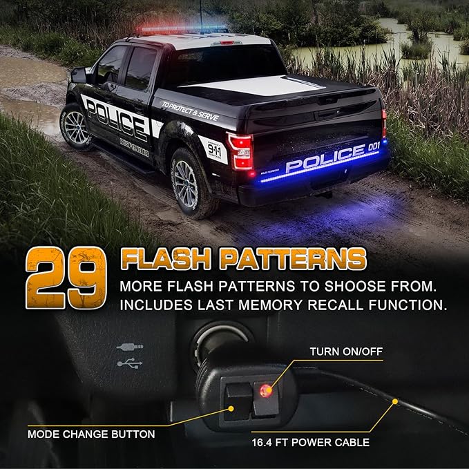 XRIDONSEN 48 inch Tailgate Blue Emergency Lights Strip 288 LED Tail/Rear Window Strobe Light Strip Firefighter Police Lights Flashing Warning Hazard Safety Caution for Vehicles Trucks Pickup POV SUV