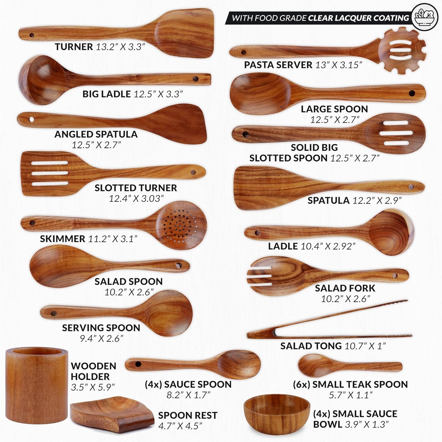 Zulay Kitchen 30-Piece Teak Wooden Utensils - Natural Teak Cooking Utensils with Premium Gift Box - Non-Stick Wooden Spoons - Kitchen Gift Set - Comfortable Grip