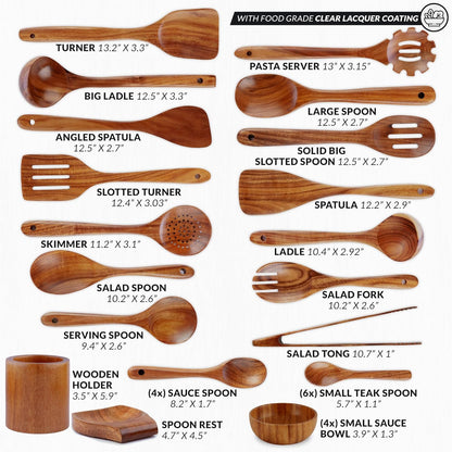 Zulay Kitchen 30-Piece Teak Wooden Utensils - Natural Teak Cooking Utensils with Premium Gift Box - Non-Stick Wooden Spoons - Kitchen Gift Set - Comfortable Grip