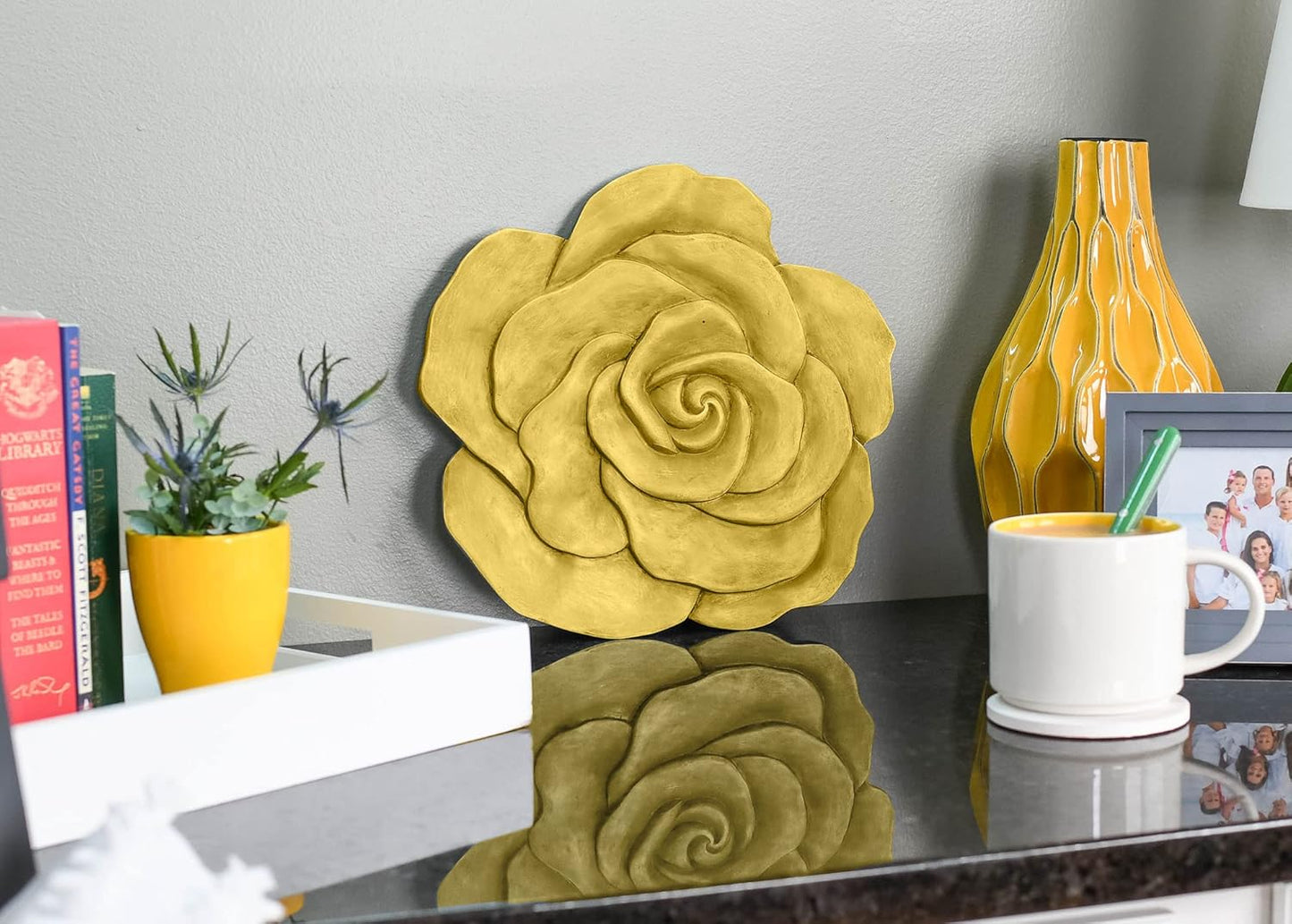 NAT & Jules Rose Flower Shaped Dimensional Indoor Outdoor 12 inch Cast Resin Decorative Garden Stepping Stone, Patio, Walkway Sculpture Yard Art, Yellow