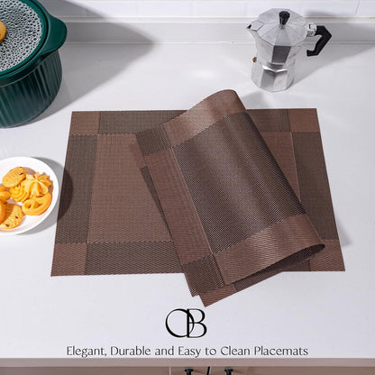 Placemats Set of 12 - Easy Clean Woven Vinyl Placemats for Dining Table, Indoor/Outdoor Place Mats, Washable PVC Table Mats（Brown Cube）