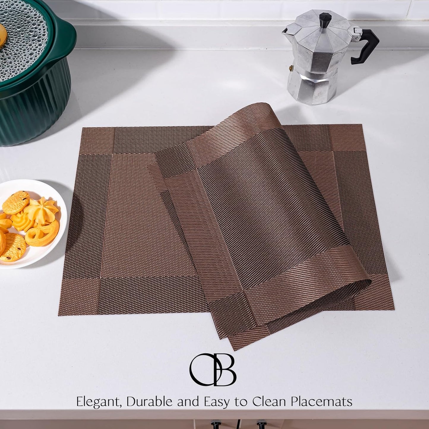 Placemats Set of 6 - Easy Clean Woven Vinyl Placemats for Dining Table, Indoor/Outdoor Place Mats, Washable PVC Table Mats（Brown Cube）