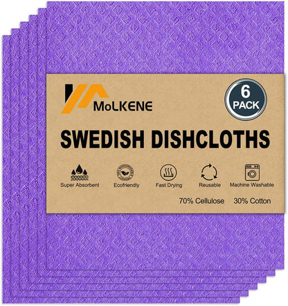Swedish Dishcloths for Kitchen | 6 Pack Absorbent Cellulose Sponge Cloths Washable | Non-Scratch Reusable Paper Towels Quick Drying Cleaning Cloths - Purple