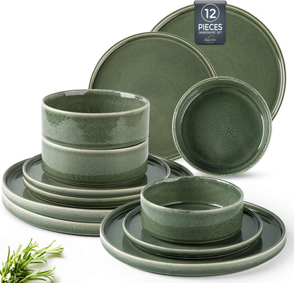 AmorArc Ceramic Dinnerware Sets, Handmade Reactive Glaze Stoneware Plates and Bowls Sets,Highly Chip and Crack Resistant | Dishwasher & Microwave Safe Dishes Set, Service for 4 (12pc)