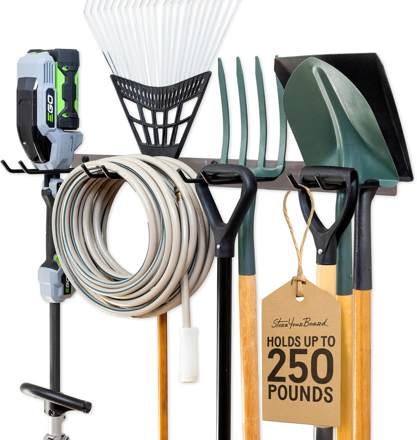 StoreYourBoard Wall-Mounted Rack With 4 Garage Hooks – Heavy-Duty Steel Holder Garage & Garden Storage for Shed, Workshop, or Home Organization – For Rakes, Shovels, Tools & More – 1 Pack, Mud