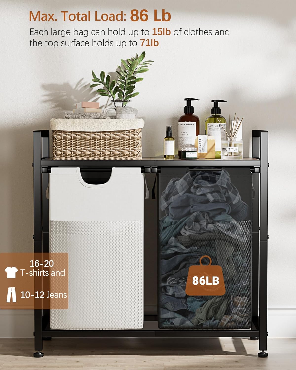 Lulive Double Laundry Hamper, Multifunctional Basket Organizer, 112L Laundry Sorter with Removable Bags and Fabric Handles, Large Top Shelf Laundry Bag for Bathroom, Dorm, Laundry Room