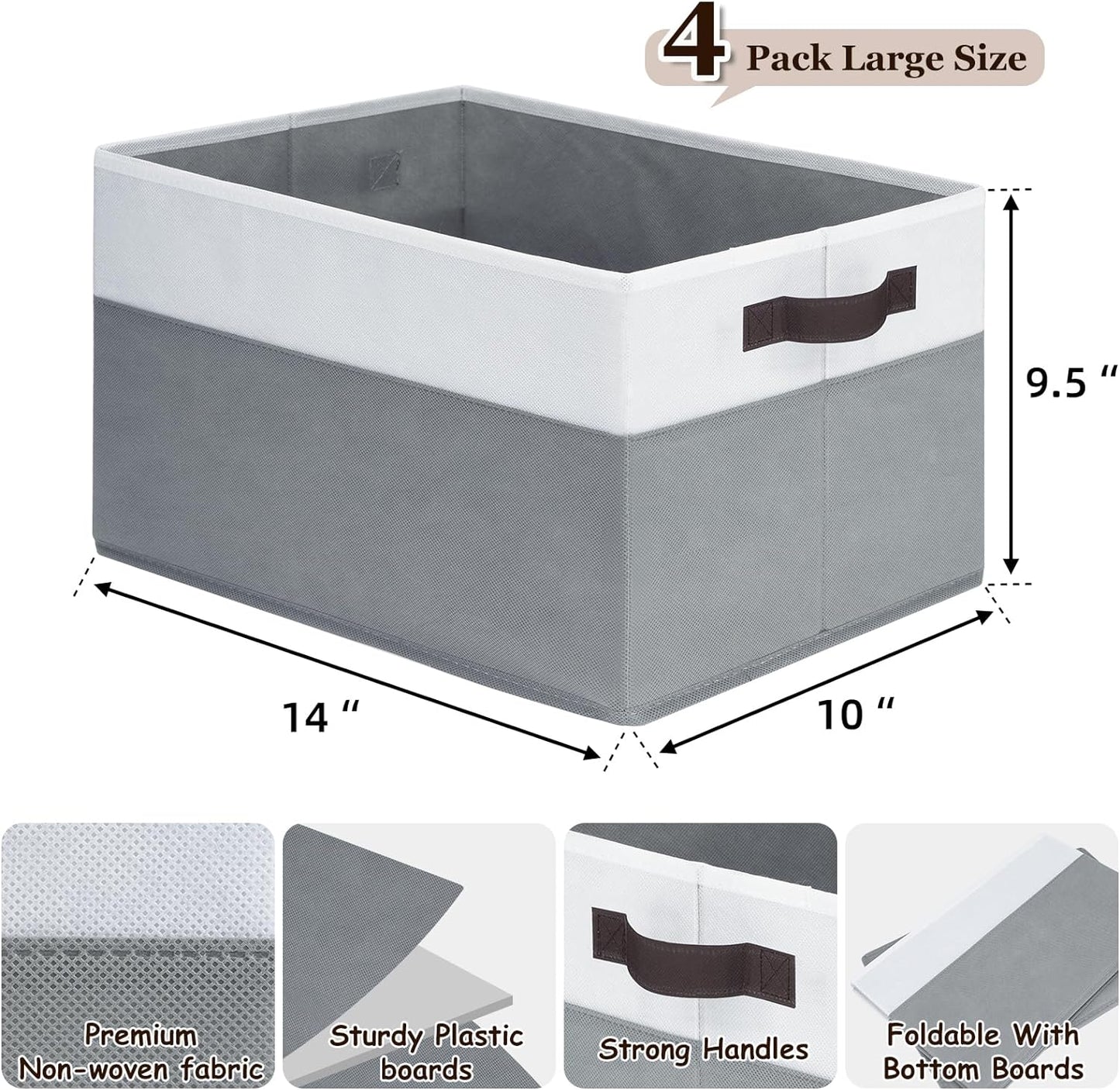 4 Pack Large Closet Storage Baskets Bins for Shelves | Fabric Closet Organizers and Storage with Handles Home Organization | Decorative Collapsible Baskets for Organizing Clothes Toy Nursery 14"x10"