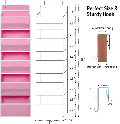 Over Door Organizer with 5 Large Pockets, Heavy Duty Hanging Organizer Storage, Closet Bathroom Nursery Bedroom Dorm, Toys Cosmetics Sundries and Baby Essentials, Pink