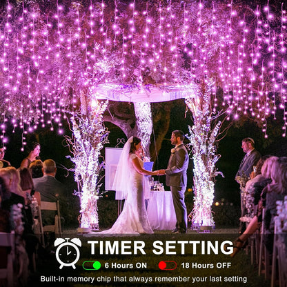 Icicle Lights for Outside, 33FT 400 LED Christmas Lights Outdoor Indoor with 8 Modes 75 Drops, Waterproof Plug in Curtain Twinkle String Light for Home Roof Yard Window Patry Wedding Decor, Pink