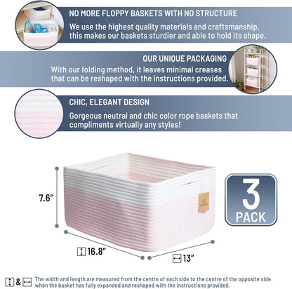 NaturalCozy Storage Baskets 16.8”x13”x7.6” Cotton Rope Woven Baskets for Organizing 3-Pack | Toy Storage Bins | Basket for Shelves, Laundry, Blanket, Clothes, Closet, Kitchen, Bathroom, Gifts