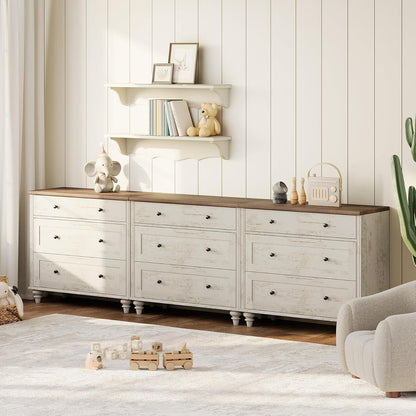 WAMPAT Kids Dresser for Bedroom with 9 Drawers, Baby Dressers with Wide Chest of Drawers, Farmhouse Wooden Closet Storage Organizer, Large Wood Dressers for Living Room, Nursery, Hallway, Rustic White