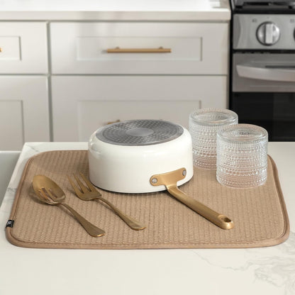 S&T INC. Dish Drying Mat, 16” x 18”, Absorbent Microfiber Kitchen Counter Mat, Drying Pad for Dishes, Utensils, Pots and Pans, Large, Diamond Texture, Almond