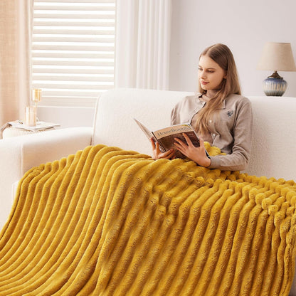 NEWCOSPLAY Super Soft Throw Blanket Mustard Yellow Premium Silky Flannel Fleece 3D Ribbed Jacquard Lightweight Bed Blanket All Season Use (Mustard Yellow Ribbed, Throw(50"x60"))