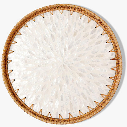 Round Rattan Tray with Mother of Pearl Inlay & Wooden Base - Decorative Wicker Serving Tray for Coffee/Bread/Fruits, Food Storage & Display - Multipurpose Home Decor (L,White Leaves)