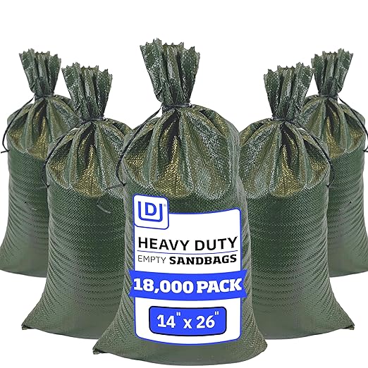 DURASACK Heavy Duty Sand Bags with Tie Strings Empty Woven Polypropylene Sand-Bags for Flood Control with 1600 Hours of UV Protection, 50 lbs Capacity, 14x26 inches, Green, 18000 Count