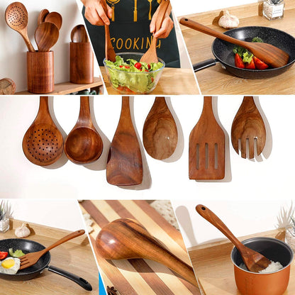 Teak Wooden Kitchen Utensil Set - 7Pcs Wooden Cooking Utensils Including Spatula