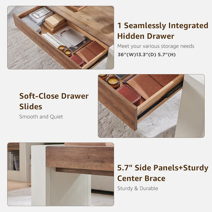 OKD 48" Modern Farmhouse Coffee Table, Wooden Living Room Table with Hidden Storage Drawer, Rustic Rectangular Center Tables with Wood Thick Design for Living Room, Office, Antique White