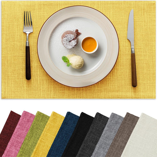 Placemats Set of 8, Bilayer Thickened Linen Place Mats Heat Resistant Machine Washable Wrinkle Free Carefully Selected Polyester Mats for Kitchen/Dining/Coffee Table (Yellow)