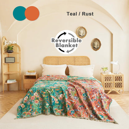 MSGKV Boho Throw Blanket for Couch Bed Chair 100% Cotton Muslin Breathable Floral Blanket 50"x60" Sofa Blankets for All Seasons Lightweight Farmhouse Blankets Boho Home Decor