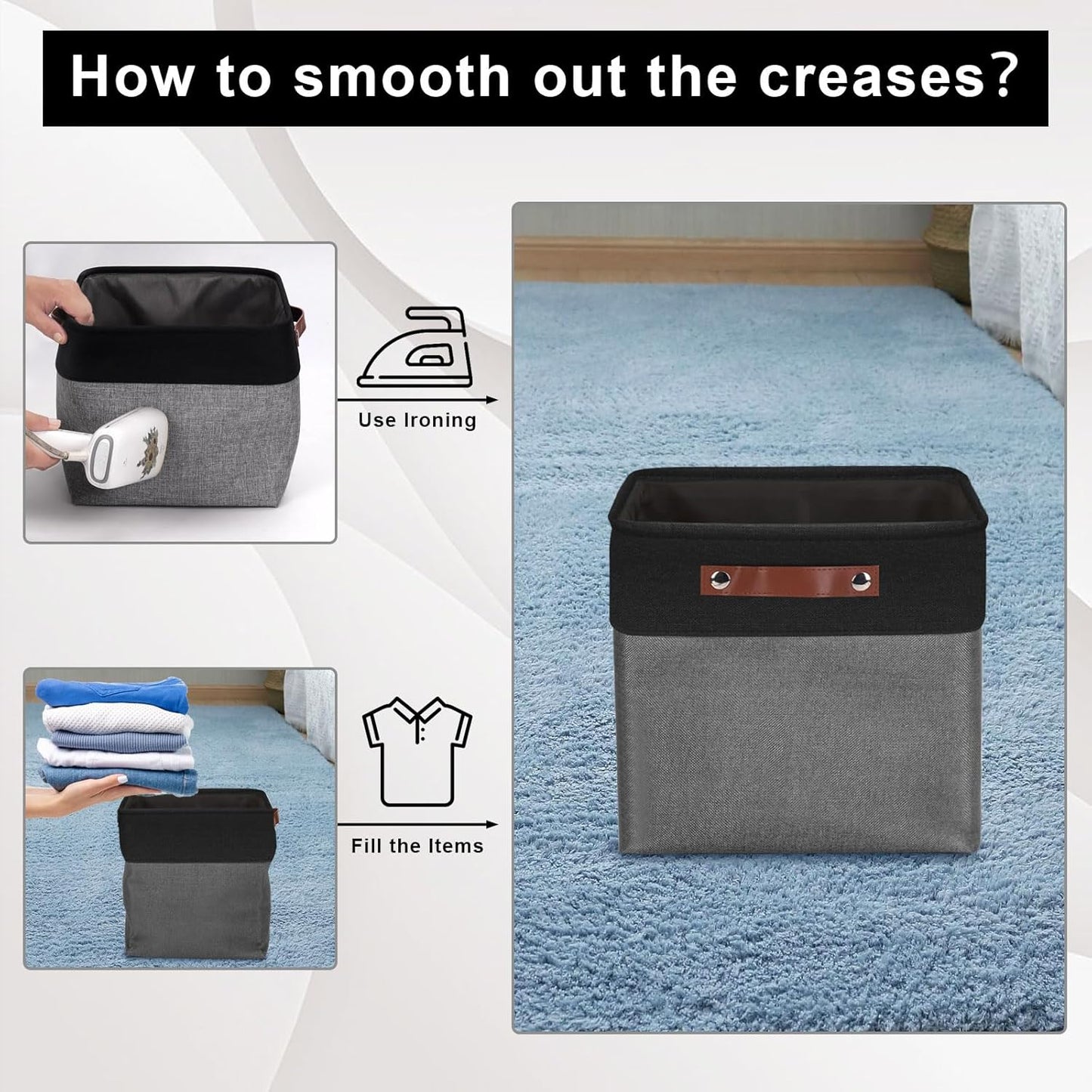 Collapsible Fabric Storage Cubes 11x11 Cube Storage Bins, 4 Pack Closet Baskets Box with Handles for Organizing, Shelf, Toys, Clothes, Home, Office, Nursery (Grey&Black)