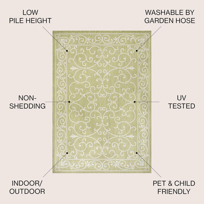 JONATHAN Y Vintage Filigree Indoor Outdoor Area Rug 8X10 Green/Cream, Charleston Textured Weave for Backyard, Patio, Porch, Easy-Cleaning, High Traffic, Pet-Friendly, Non-Shedding (SMB106H-8)