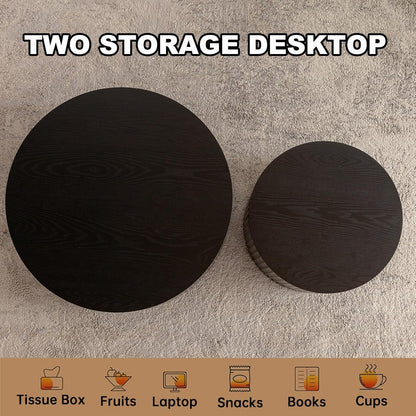 Nesting Coffee Table Set of 2 Modern Black Handcraft Fluted Coffee and End Table Sets Wooden Drum Small Round Side Table Funky Center Tables for Living Room,No Assembly,Black Large