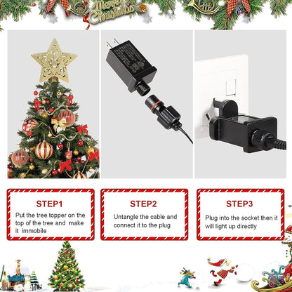 Christmas Tree Topper Lighted with Snowflake Projector, LED Rotating 3D Glitter Tree Topper for Christmas Tree, Christmas Decorations Lights (Golden Star Tree Toppers)