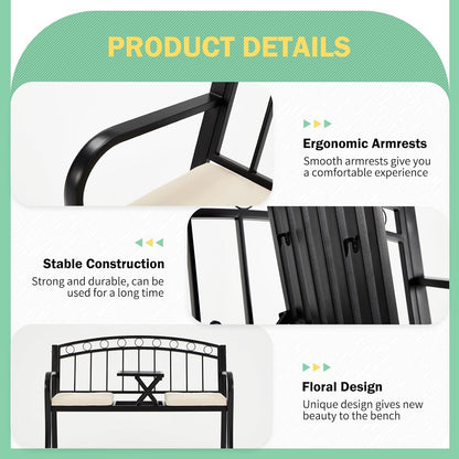 AVAWING Outdoor Metal Garden Bench, 2-Seat Patio Porch Bench with Steel Frame, Park Bench w/Pullout Middle Table＆ Cushion for Backyard Lawn Deck Entryway, Black