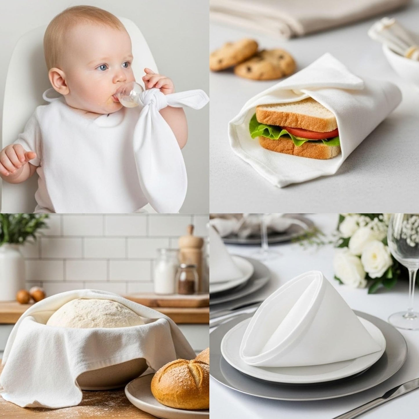 WHITEWRAP Flour Sack Towels 100% Cotton Dish Towel Reusable Baking Cloth for Bread Dough, Baguettes, Ciabatta, Machine Washable, Kitchen Towels for Cleaning – Set of 12 (18"x18") - White