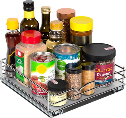Pull Out Cabinet Organizer for Spices, Cans - Heavy Duty with Lifetime Limited Warranty- Pull Out Spice Rack- Cabinet Pull Out Shelf for Cans,Dishes, Etc, 10"W x 10"D x 2-1/8 H, Chrome